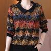 Весна Осень Винтажная Расписанная вручную Блузка Контрастных Цветов Длинный Рукав Модный Воротник Питер Пэн Свободная Лоскутная Рубашка Ромбы