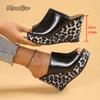 Leopard Print Wedge Sandals for Women Retro Slip On Platform High Heel Sandals Woman Summer Thick Sole Peep Toe Mules Slippers