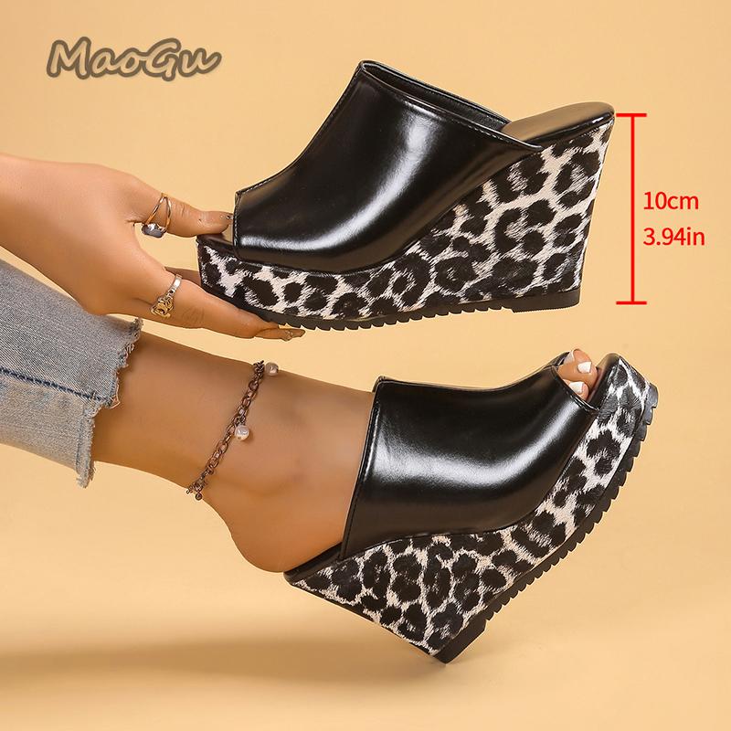 Fashion Leopard Print Wedge Sandals for Women Retro Slip On Platform High Heel Sandals Woman Summer Thick Sole Peep Toe Mules Slippers