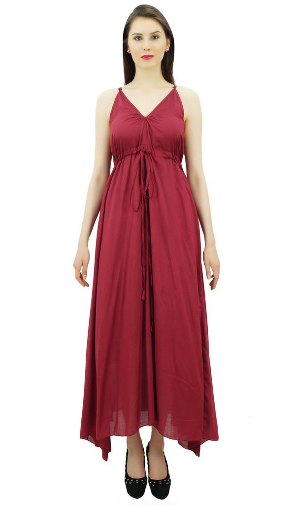 Bimba Women's Long Maxi Cotton Beach Dress Drawstring Waist Strappy Resort