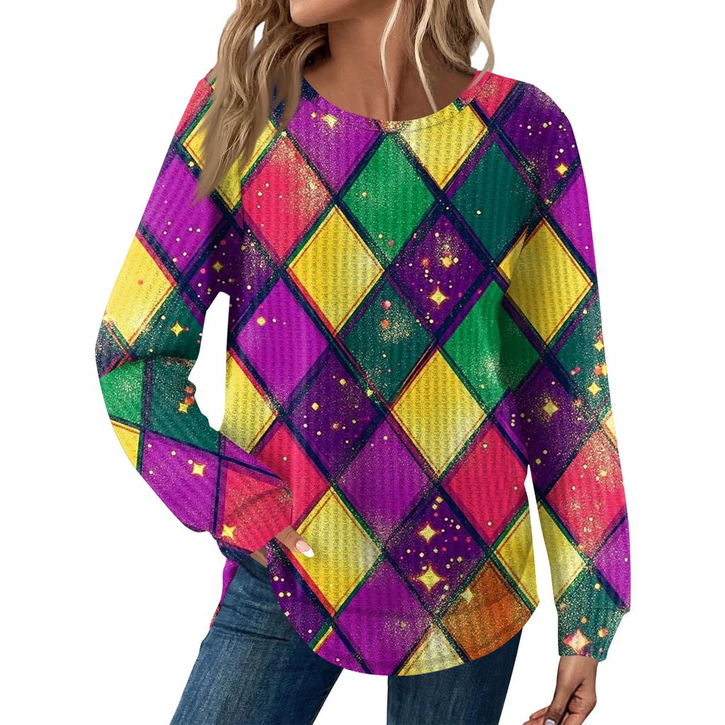 Women's Fashion  Loose Long Sleeve Carnival Print  Round Neck Casual Top