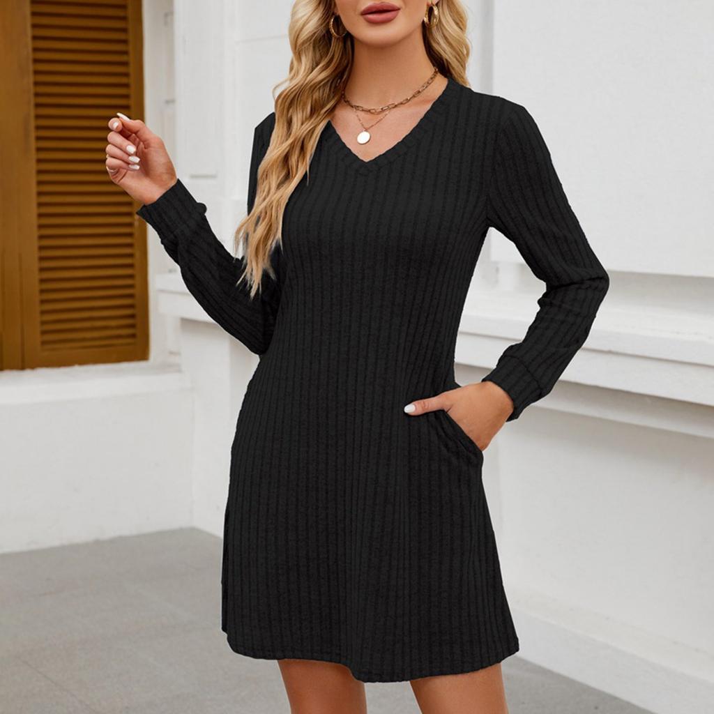 Женские осенние платья с V-образным вырезом, повседневные короткие платья с длинным рукавом, модная одежда