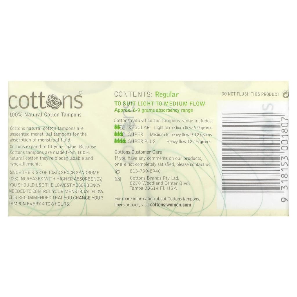 100% Natural Cotton Tampons, Regular, Unscented, 16 Tampons