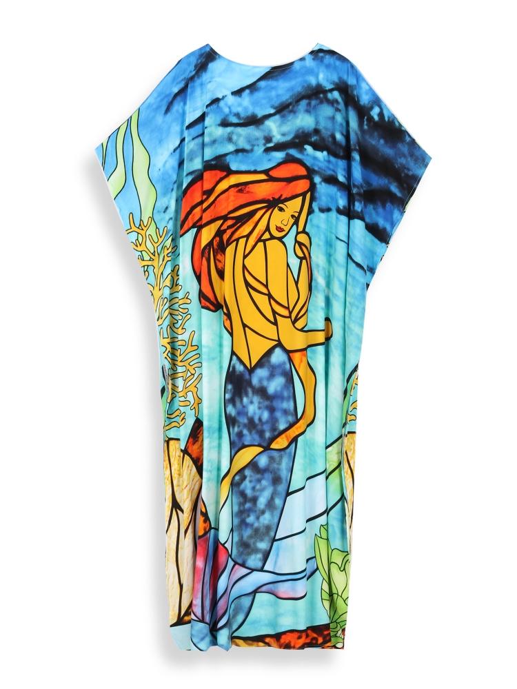 EDOLYNSA Ocean Blue Printed Women's Kaftan Plus Size House Robe Caftan Moo Moo Dress Beach Wear Homewear Swimsuit Cover-up Q1546