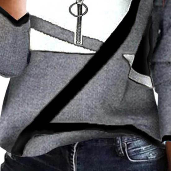 Long Sleeve Loose Women Blouse Soft Texture Zipper Neck Geometric Print Patchwork Top Clothing
