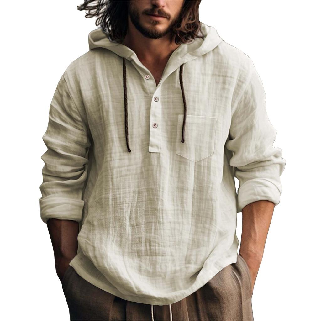 Мужская летняя однотонная хлопковая льняная куртка с длинным рукавом и капюшоном на пуговицах