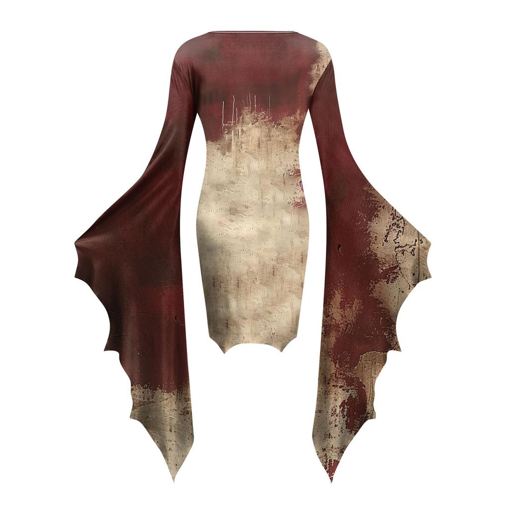 Women Fashion Gothic Punk Bat-Sleeve 3D Cute Halloween Print Irregular Party Dress