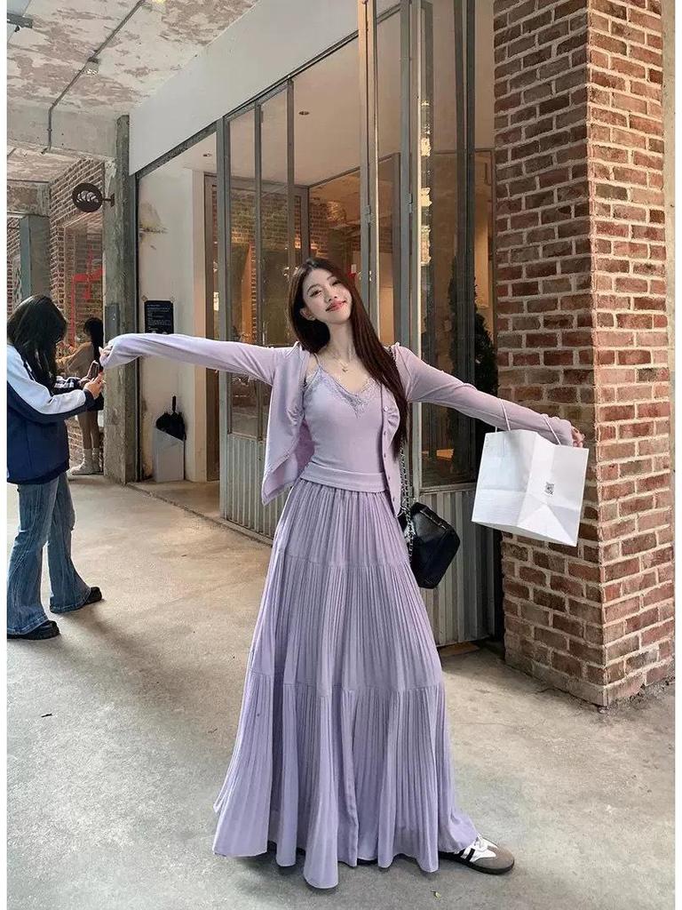 Длинная плиссированная юбка фиолетового цвета с высокой талией 2025 года — нежный, универсальный стиль феи для ранней весны