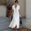 Knit Maxi Dress For Women Casual Short Sleeve White Turn-down Collar Bodycon Slim Dress Knitwear Ribbed High Street Ladies Dress