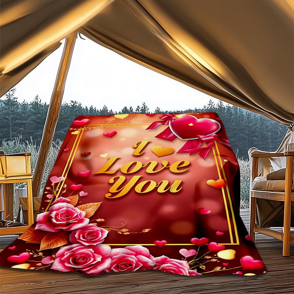 1pc Love Heart Roses Outdoor Blanket - Lightweight Flannel Throw For Travel, Camping, Livingroom, Couch, Chair yy251114202