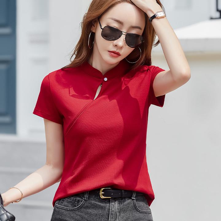 Летняя женская футболка в китайском стиле с тонким воротником-стойкой и коротким рукавом