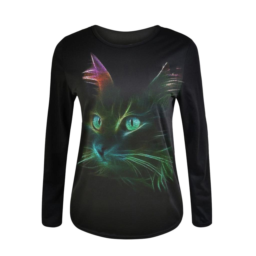 Women Casual Long Sleeve Cat Printing Shirt Blouse Top