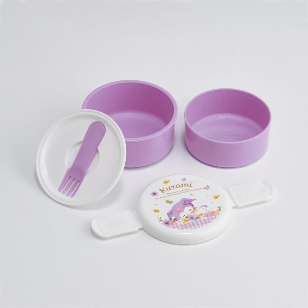 Skater Round Lunch 500ml with Made in Sanrio Pastel Vivid Watercolor Floral for Girls Box, Capacity, Two-Tier, Fork, Japan, Kuromi, Print, (ONWR1-A)