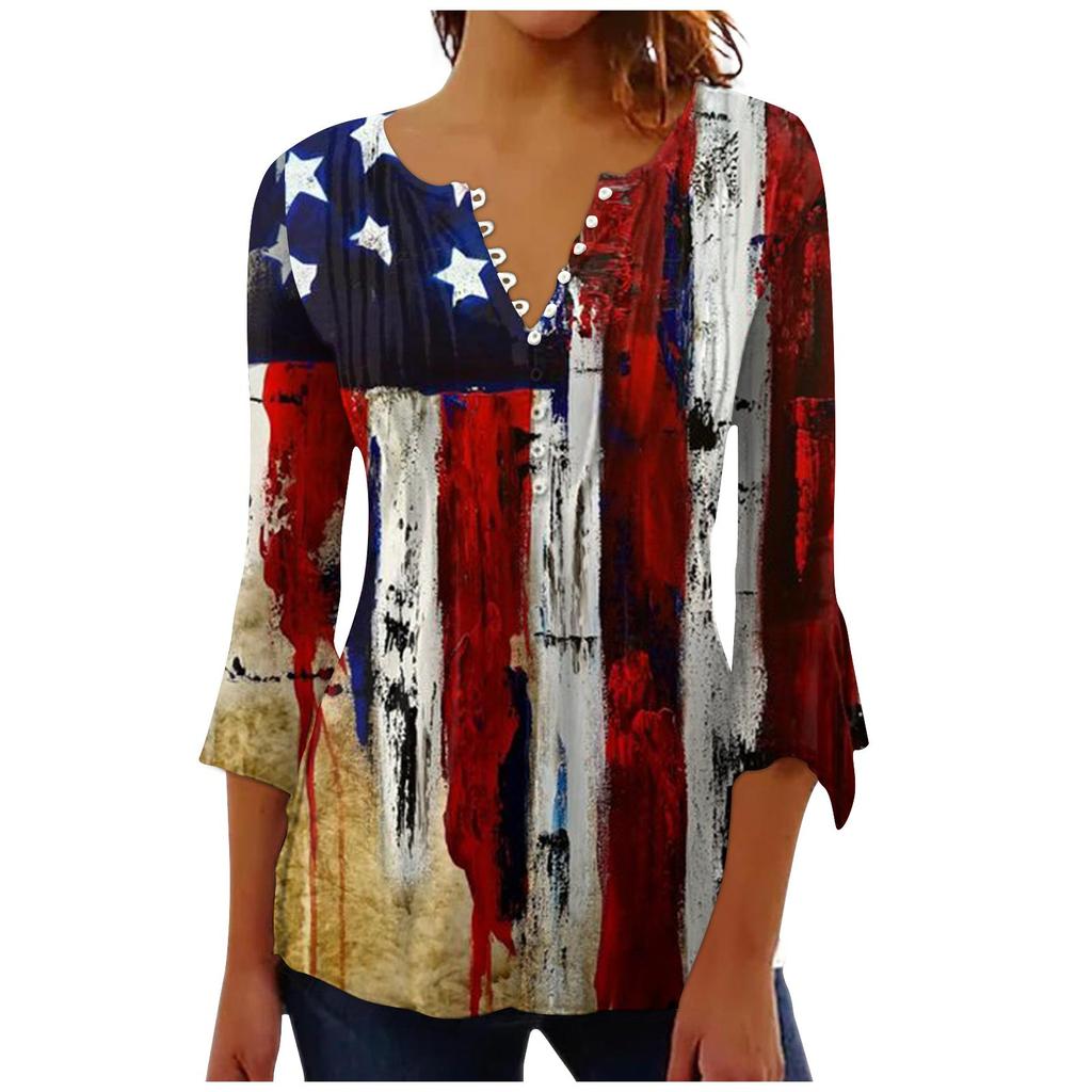 Женская модная футболка с короткими рукавами и v-образным вырезом с принтом ко Дню независимости с седьмым рукавом