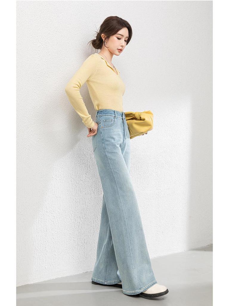 2025 Autumn Women's Korean Style High Waist Loose Wide Leg Denim Flared Pants
