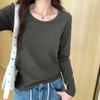 Solid Color U-neck Long-sleeved T-shirt for Women Early Autumn New Loose and Versatile Short Top Ribbed Cotton Bottoming Shirt
