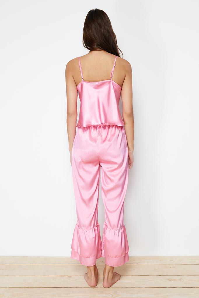 Women's Fashion New Pajama Set Pink Flounce Detailed Rope Strap Capri Satin Woven Pajama Set
