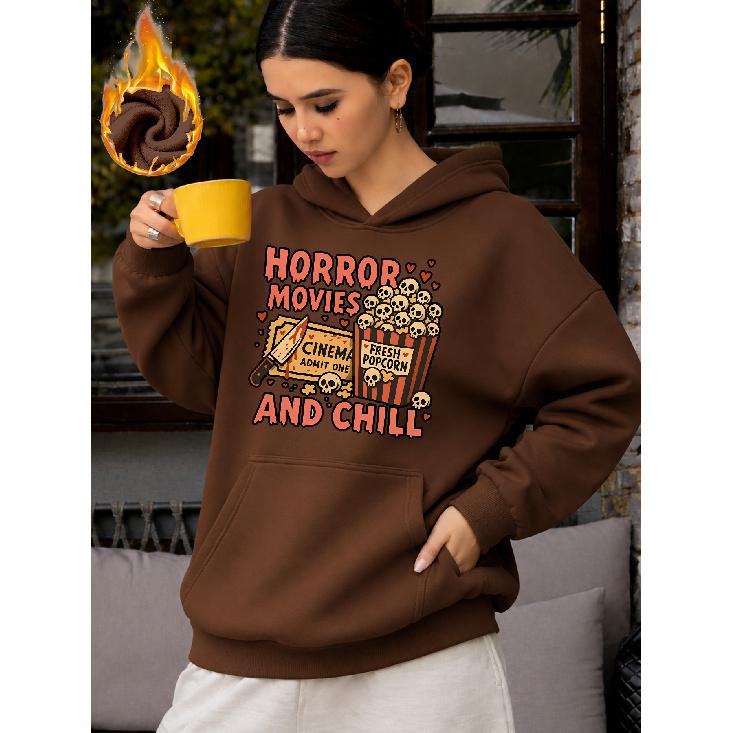Women's Horror Movie Popcorn Print Fleece Hoodie - Unique Graphic Pullover Sweatshirt with Kangaroo Pocket