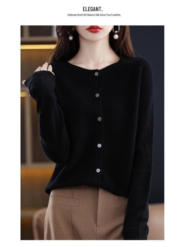 Женский бесшовный кашемировый свитер с круглым вырезом на осень/зиму 2025 - Вязаный кардиган из чистой шерсти премиум-класса
