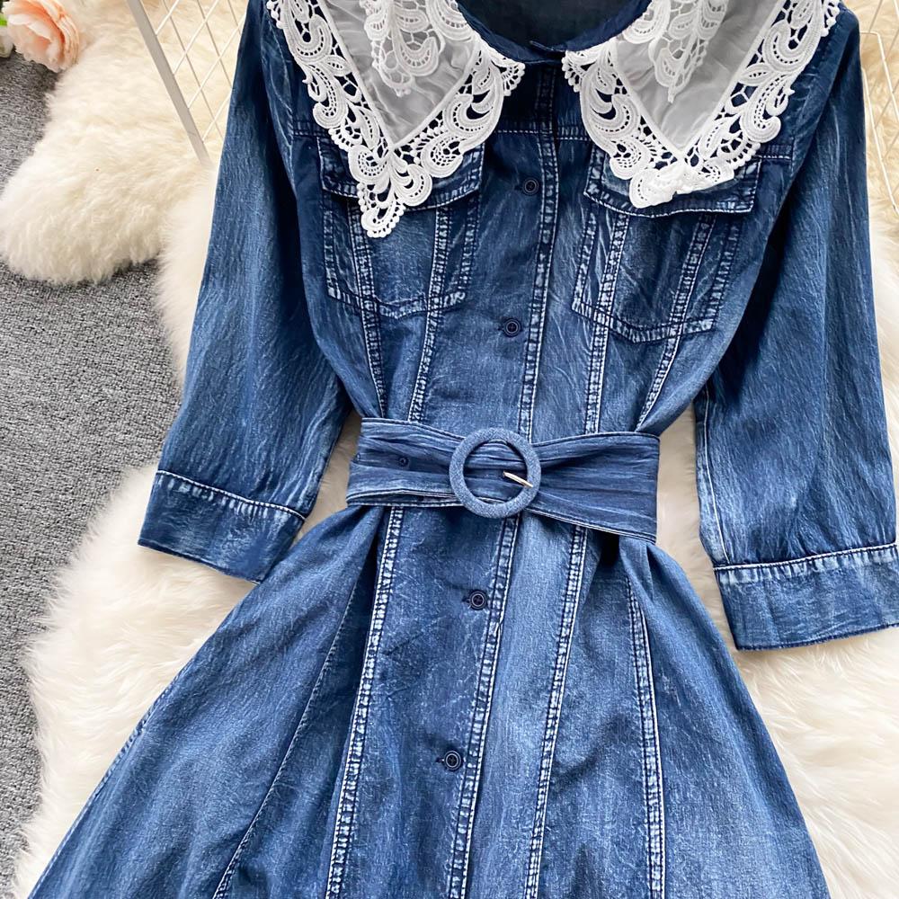 RUGOD Платье с французской талией и кружевной строчкой, джинсовое платье-рубашка на пуговицах с рукавами три четверти, чувство маленького темперамента