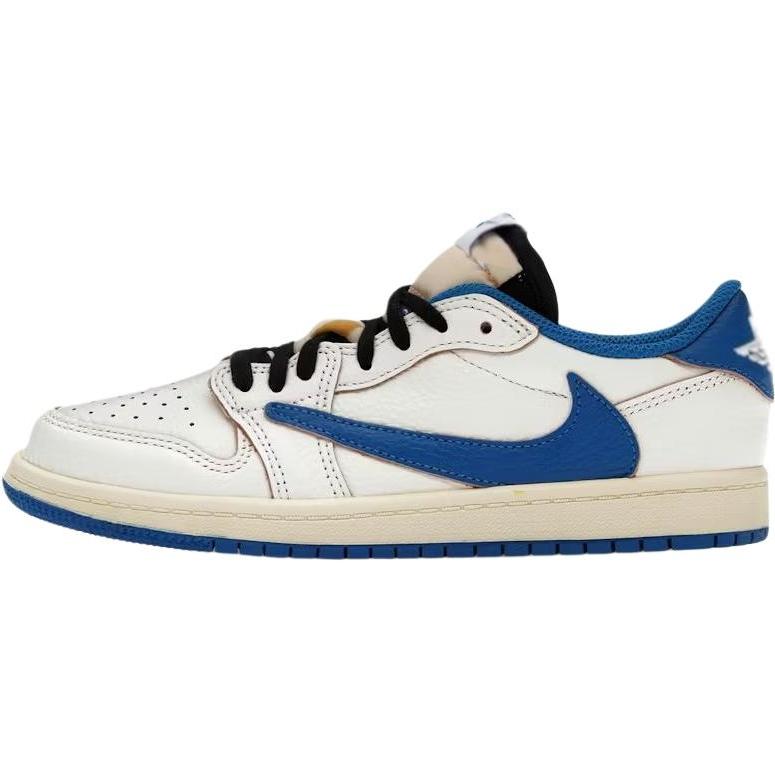 Fragment Design x Travis Scott x Air Jordan 1 Retro Low OG SP PS Sail Military Blue Kids Sneakers Cream Black Muslin DO5442-104