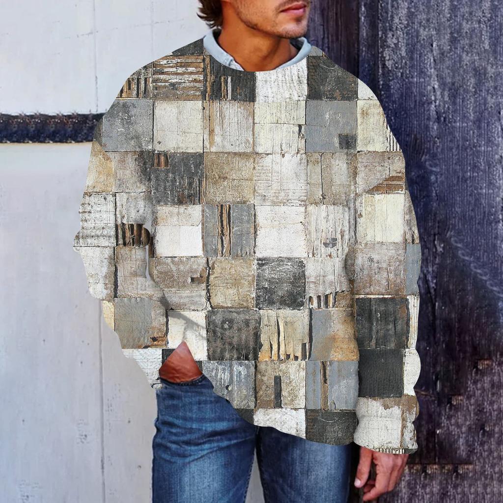 Men'S Printed Synthetic Sweater Round Neck Sportswear Loose Long Sleeved Top