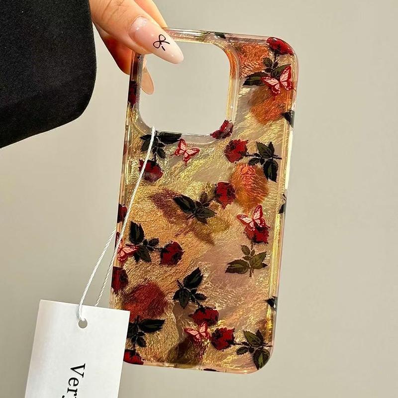 Vintage Red Rose and Butterfly Feather Texture  Phone Case for iPhone 17 16 15 14 13 12 11 16E Series Pro Max Plus
