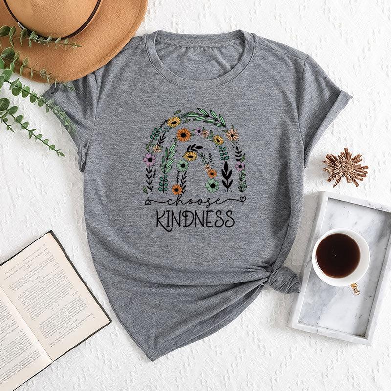 Летние женские футболки свободного покроя с цветочным принтом и круглым вырезом из чистого хлопка с короткими рукавами для женщин