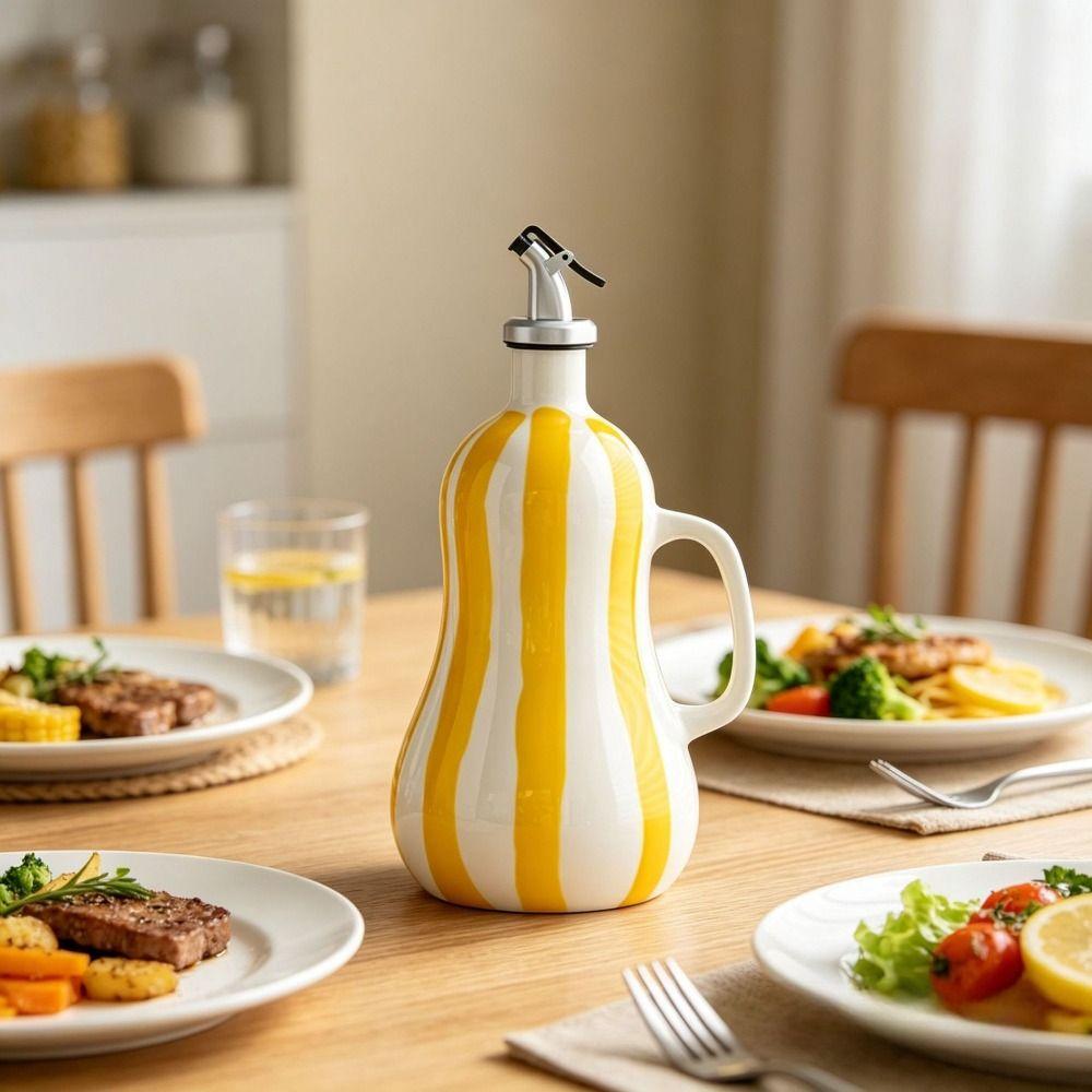 Nordic Style Ceramic Oil Bottle Hand-drawn Stripes Olive Oil Jug Cooking Equipment