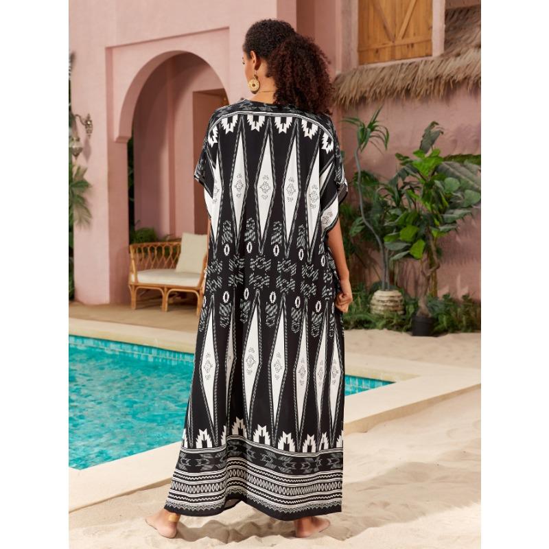 Плюс Размер Женский Пляжный Принт Длинное Платье Праздничный Солнцезащитный Купальник С Накидкой