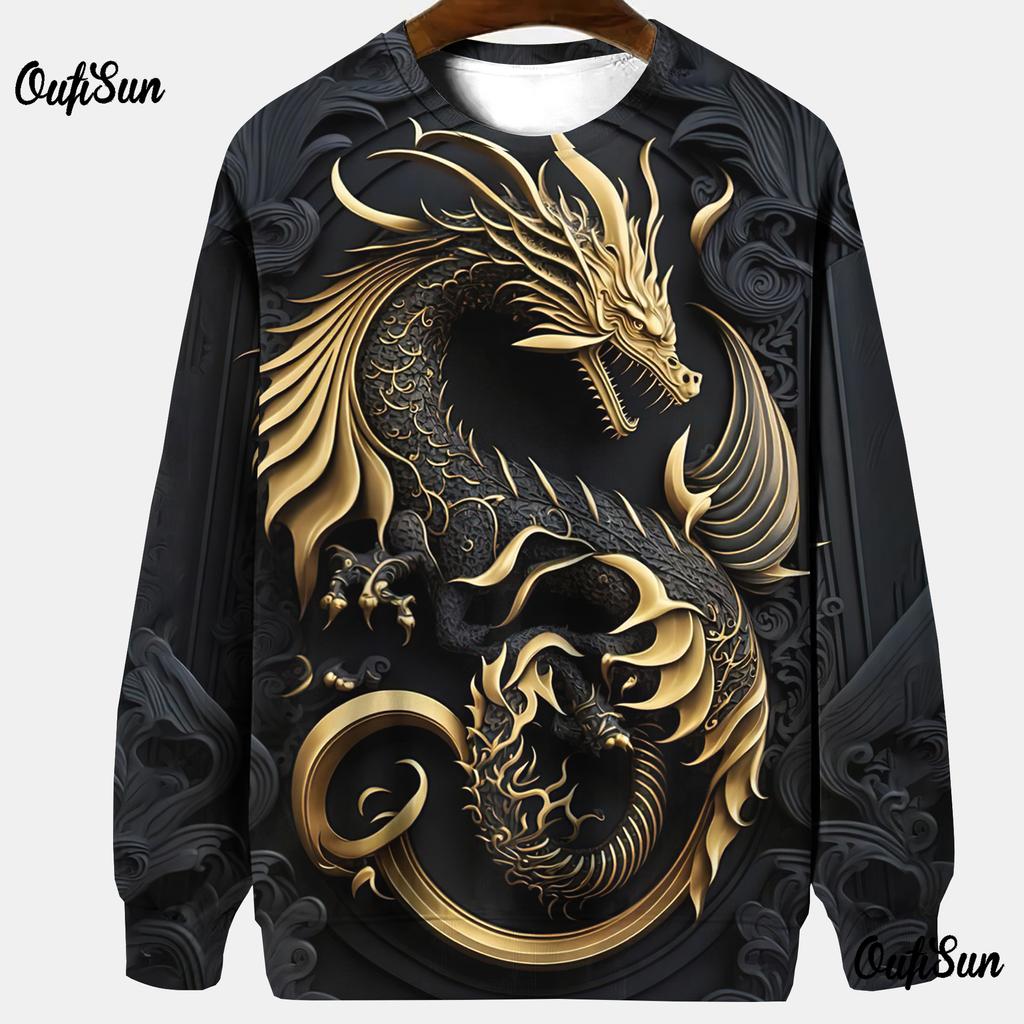 Толстовки с животными для мужчин Толстовка без шапки Футболки с рисунком дракона 3D-печать Мужская одежда больших размеров Топы Толстовка-пуловер