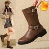 Women's Retro Cowboy Boots 2024 Winter New Brown Soft Leather Midsole Belt Buckle Plush Warm Cold Proof Round Toe Knight Boots