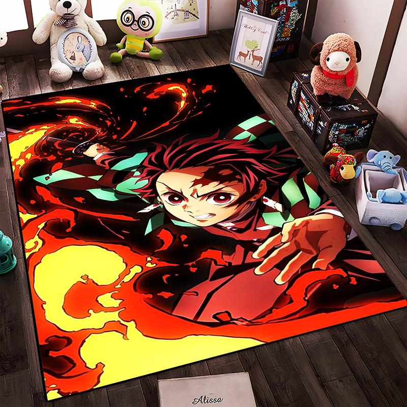 Anime Style Carpet with Fiery Red Pattern and Dynamic Character Design Suitable for use as an anti-slip for living room bedroom sofas