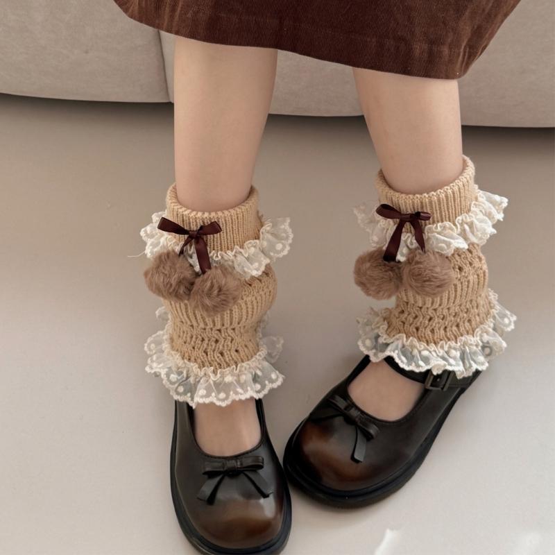 Fashionable Plush Balls Bows Adorned Leg Warmers with Lace Detail for Women's Hollowout Knitted Short Leg Covers Sleeves