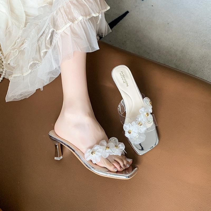 Женские тапочки 2025 лето новые милые цветы прозрачный кристальный каблук особой формы на высоком каблуке крутые тапочки женские