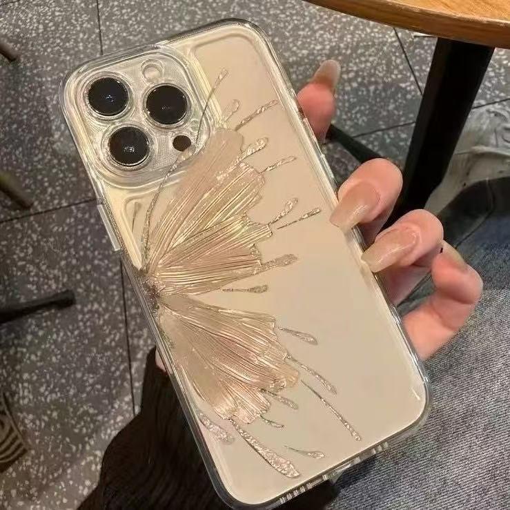 Чехол с золотым краем и бабочками для Apple iPhone 17, 16 Pro, 15, 14, 13 Pro Max - Японский корейский дизайн, Ударопрочный.