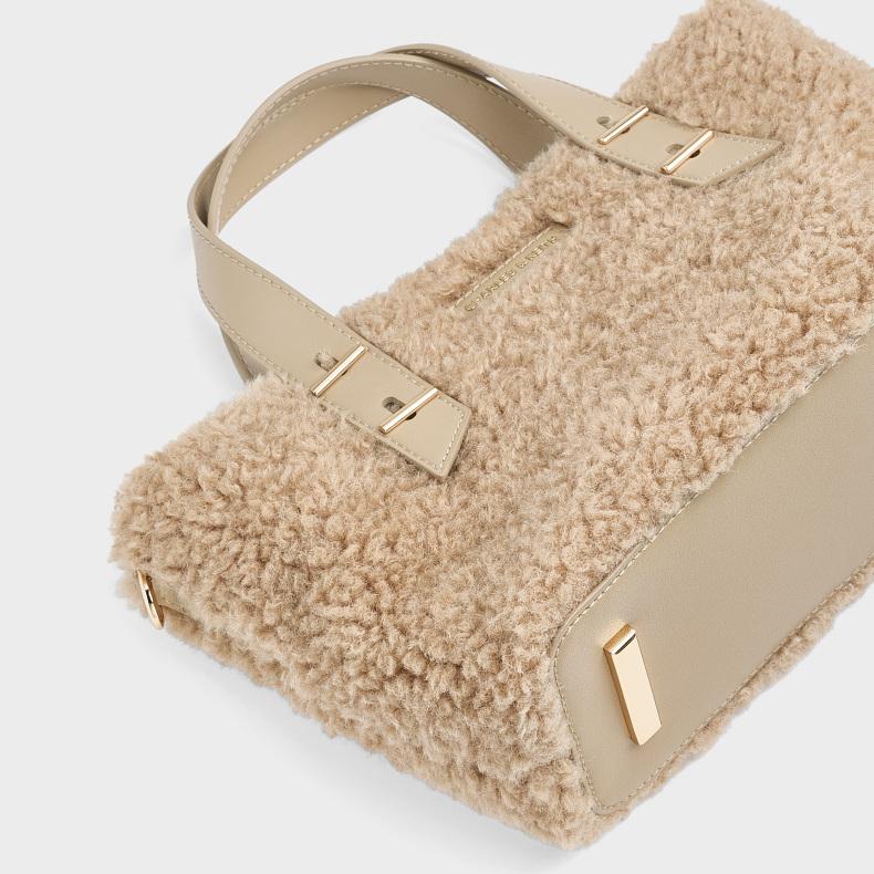 Charles & Keith Minimalist Mother And Child Tote Bag Plush Crossbody Bag PU Spliced Fabric Shoulder Bag Small Size Women tote bags CK2-30782725-2