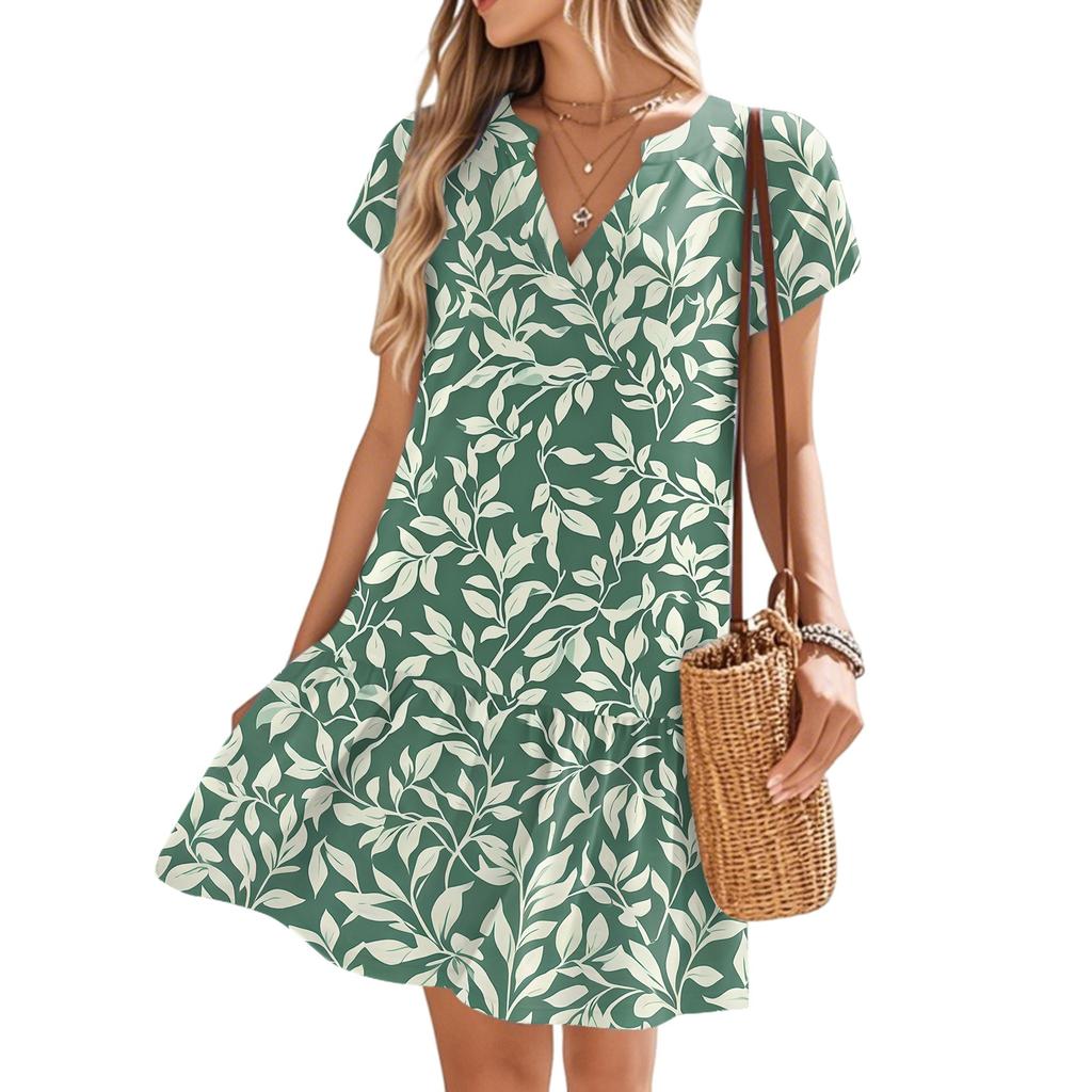 Женские платья с коротким рукавом и V-образным вырезом с цветочным принтом Свободные повседневные пляжные платья в стиле темперамент