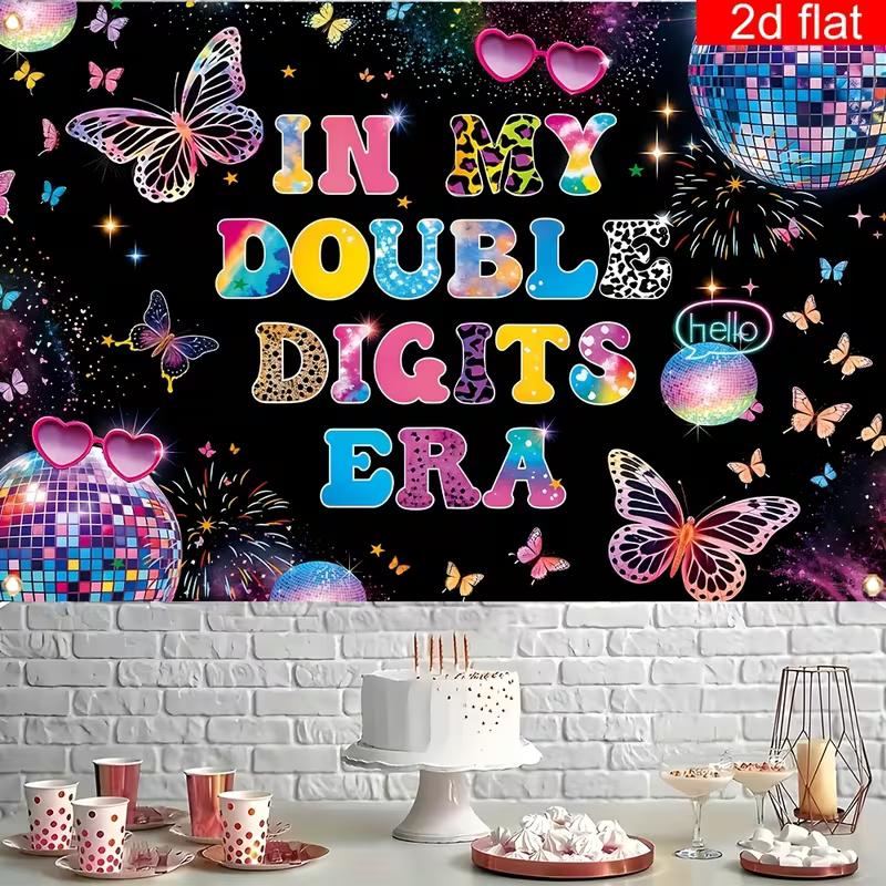 2D Disco Butterfly Happy 10th Birthday Backdrop, In My Double Digits Era Banner