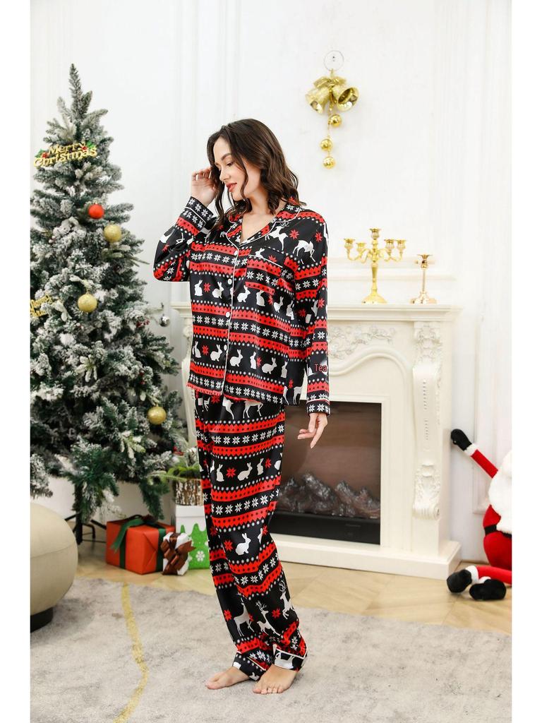 Индивидуальный Рождественский Пижамный Комплект из Искусственного Шелка - С Длинным Рукавом и Брюками для Семьи