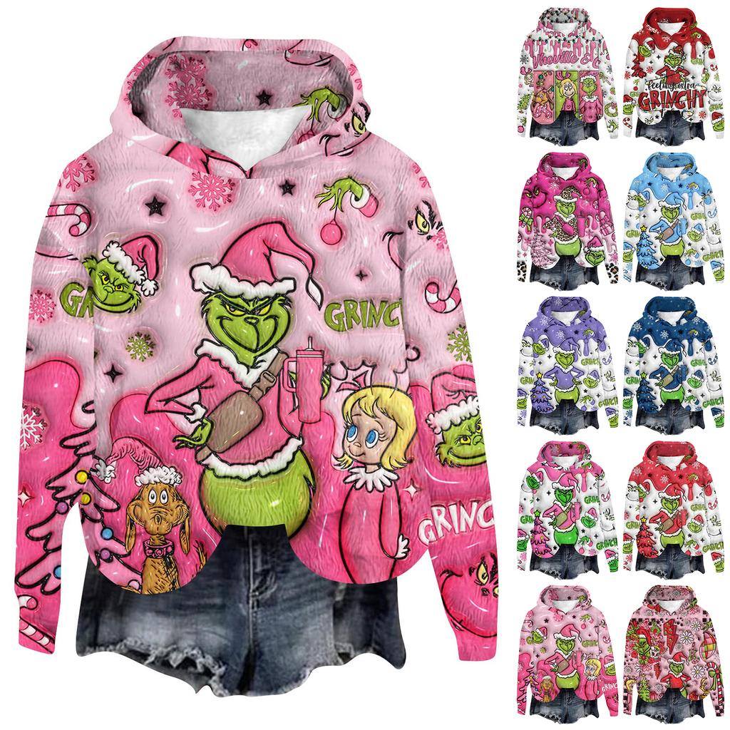 Women's Hooded Long Sleeve Christmas Printed Flannel Top Hooded Sweatshirt