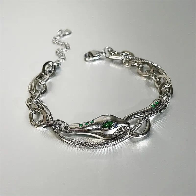 Винтажный серебряный браслет со змеей, двойная цепочка, крутой стиль, женские трендовые вечерние ювелирные аксессуары, подарки