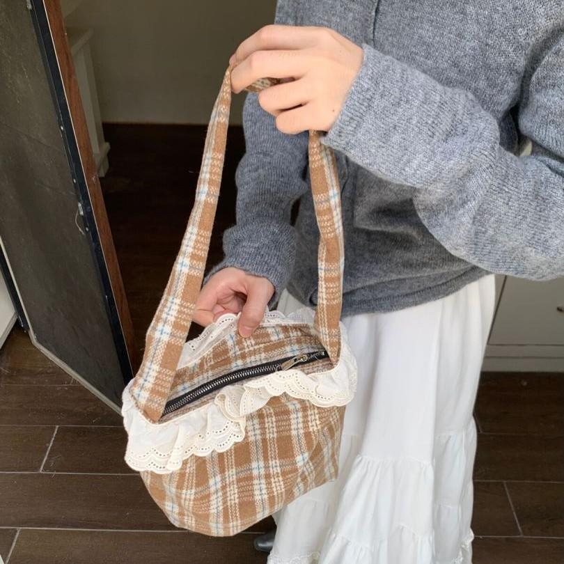 Кружевная клетчатая холщовая сумка, нишевый дизайн, симпатичная сумка через плечо, женская осенняя универсальная портативная сумка через плечо