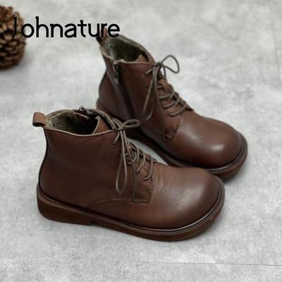 Зимние ботинки из натуральной кожи. Женская обувь. Женские ботильоны с круглым носком на молнии и ручным шитьем на плоской подошве.