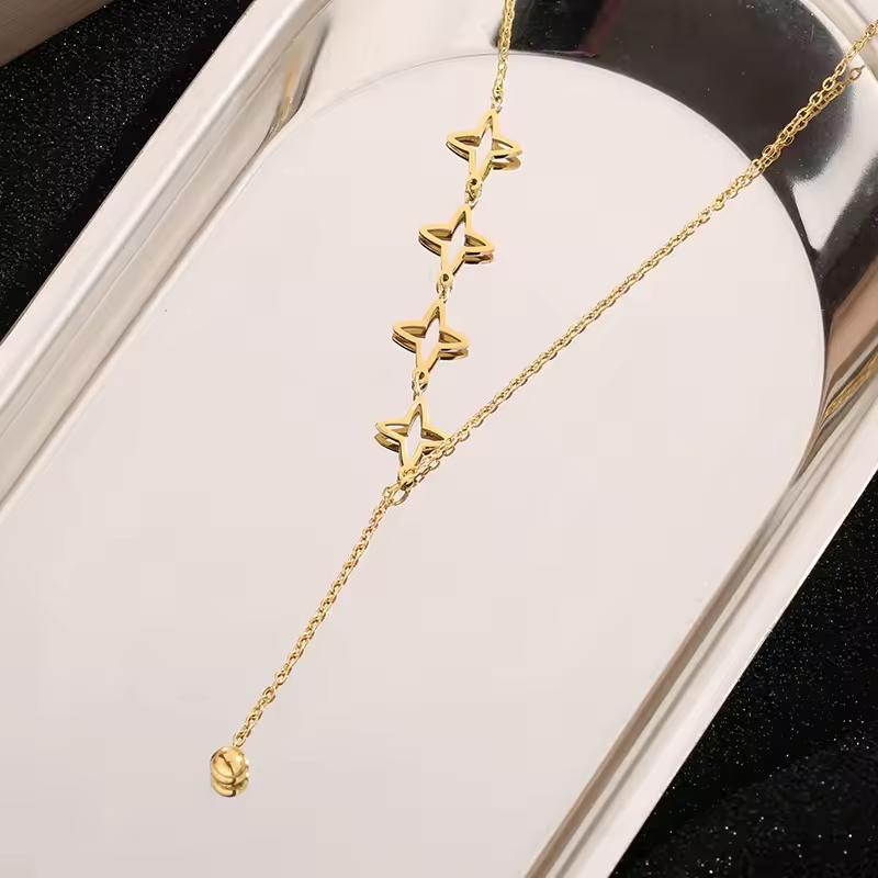 Stainless Steel 18k Gold Plated Waterproof Choker Chain Trendy Hollow Clover Y Shape Tassel Party Fashion Jewelry Necklaces