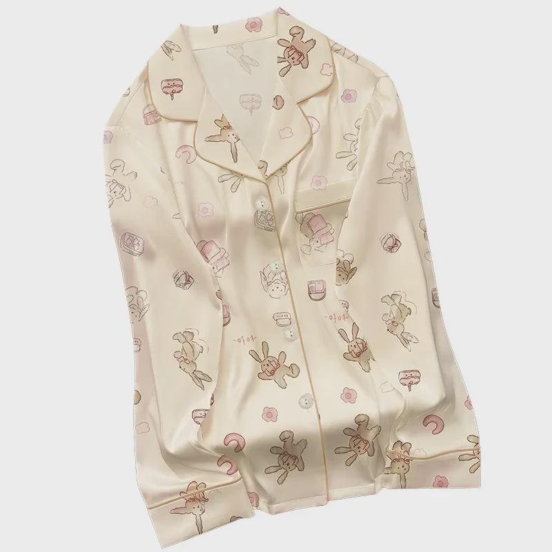 Пижамный комплект с принтом кролика «Весна и осень»: Топ с лацканами и брюки с длинными рукавами