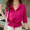 WTEMPO Spring Summer Women's Versatile Solid Color Turn-down Collar Half Sleeve Chiffon Shirts Casual Shirring Single-breasted Blouses
