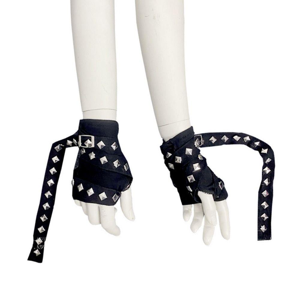 Black Fingerless Gloves with Buckle Straps YK Hot Girl Gloves Rivet Strap Gloves JK Girl