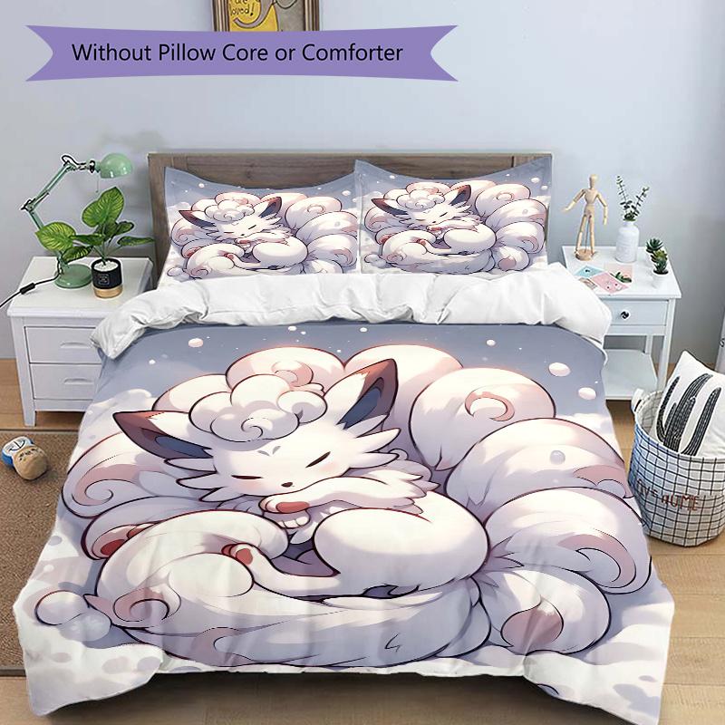 3pcs Nine Tailed Fox Cute Cartoon Design Printed Bedding Set, Soft and Comfortable Quilt Cover for Bedroom, Guest Room (1 Duvet Cover + 2 Pillowc