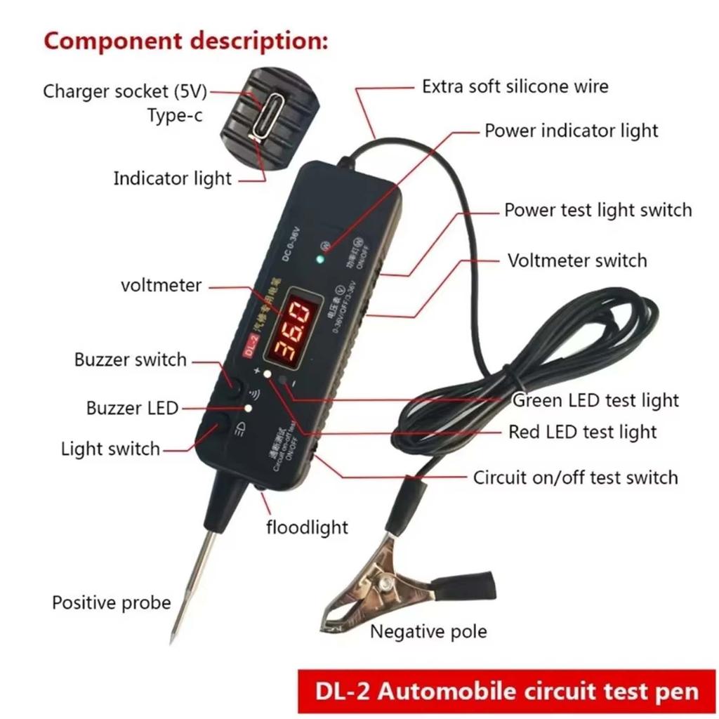 Digital LED Automotive Circuit Tester, 0-36V Car Electrical System Tool Short Detection, DL-2